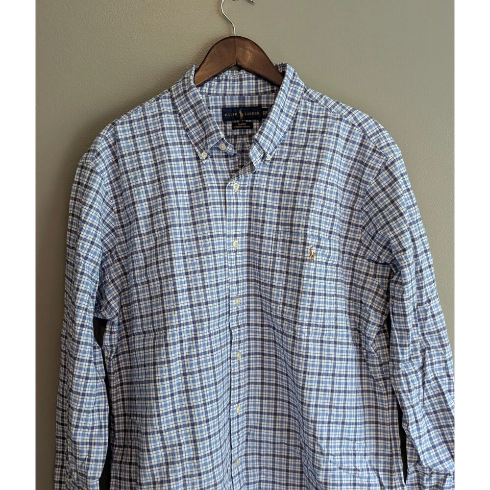 Ralph Lauren Mens 2XL Blue Check Stretch Oxford Shirt Slim Fit Button Down XXL